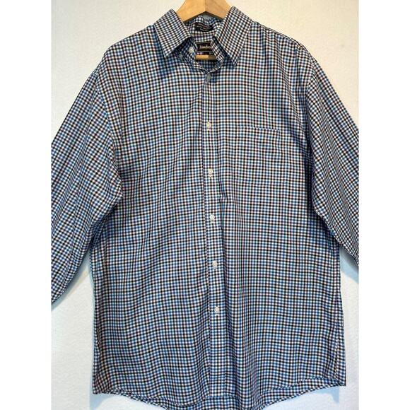Neiman Marcus Mens Large Plaid Trim Fit Button Up Shirt Black White Purple Blue - Picture 9 of 12